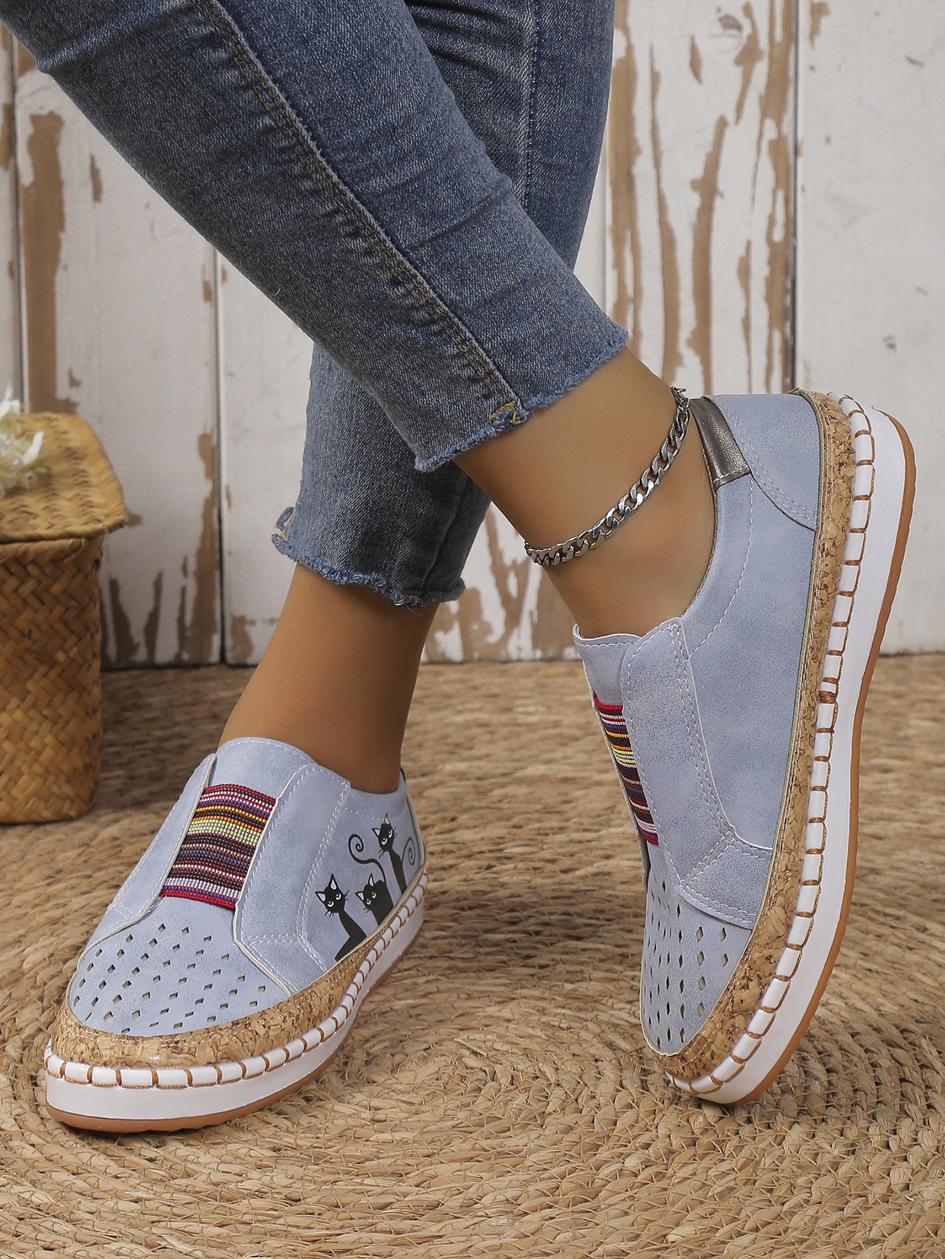 Casual Todas las Estaciones Gato Antideslizante Punta Cerrada Tela Víspera de Todos los Santos Slip-On EVA Zapatos Planos para Mujeres