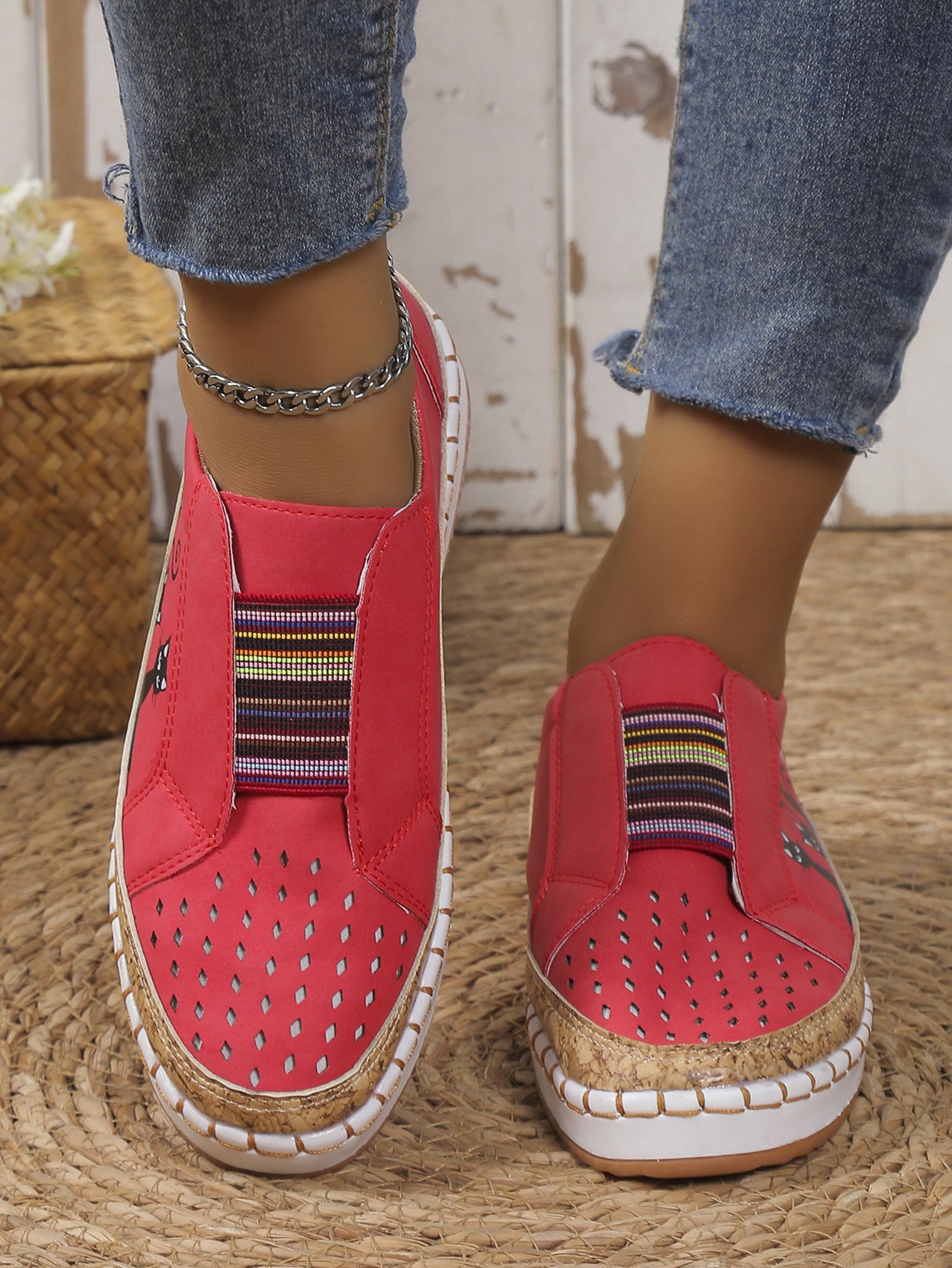 Casual Todas las Estaciones Gato Antideslizante Punta Cerrada Tela Víspera de Todos los Santos Slip-On EVA Zapatos Planos para Mujeres