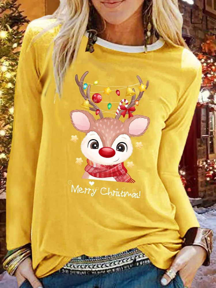 Casual Bloque de color Escote Redondo Manga Larga Camiseta