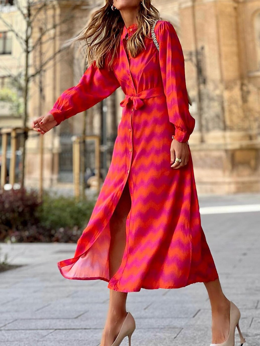 Casual Primavera / Otoño Diario Midi Vestido Rojo Hebilla Geométrico