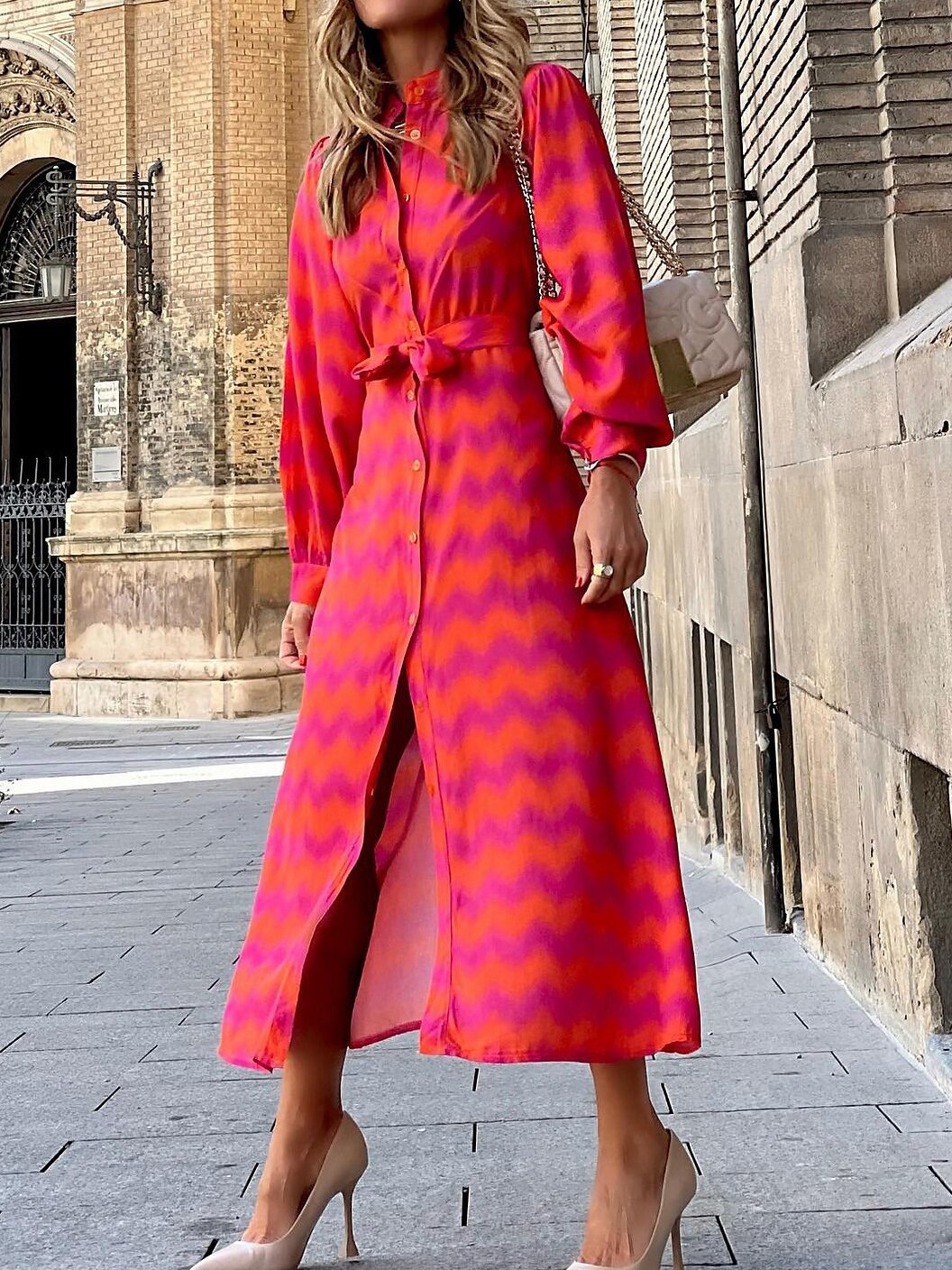 Casual Primavera / Otoño Diario Midi Vestido Rojo Hebilla Geométrico