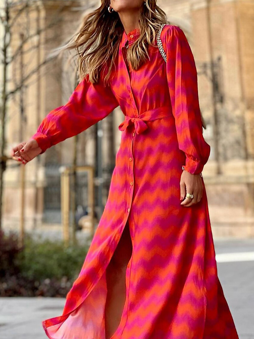 Casual Primavera / Otoño Diario Midi Vestido Rojo Hebilla Geométrico