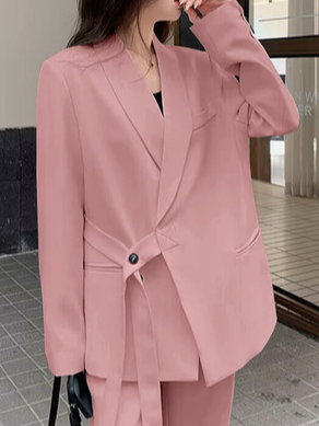 Cuello de Solapa Manga Larga Liso Con Cordones Regular Regular Ajuste Chaqueta para Mujeres