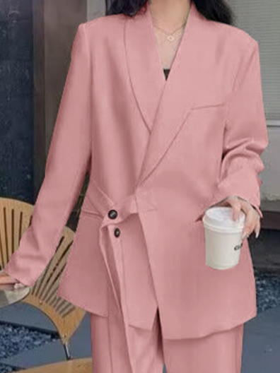 Cuello de Solapa Manga Larga Liso Con Cordones Regular Regular Ajuste Chaqueta para Mujeres