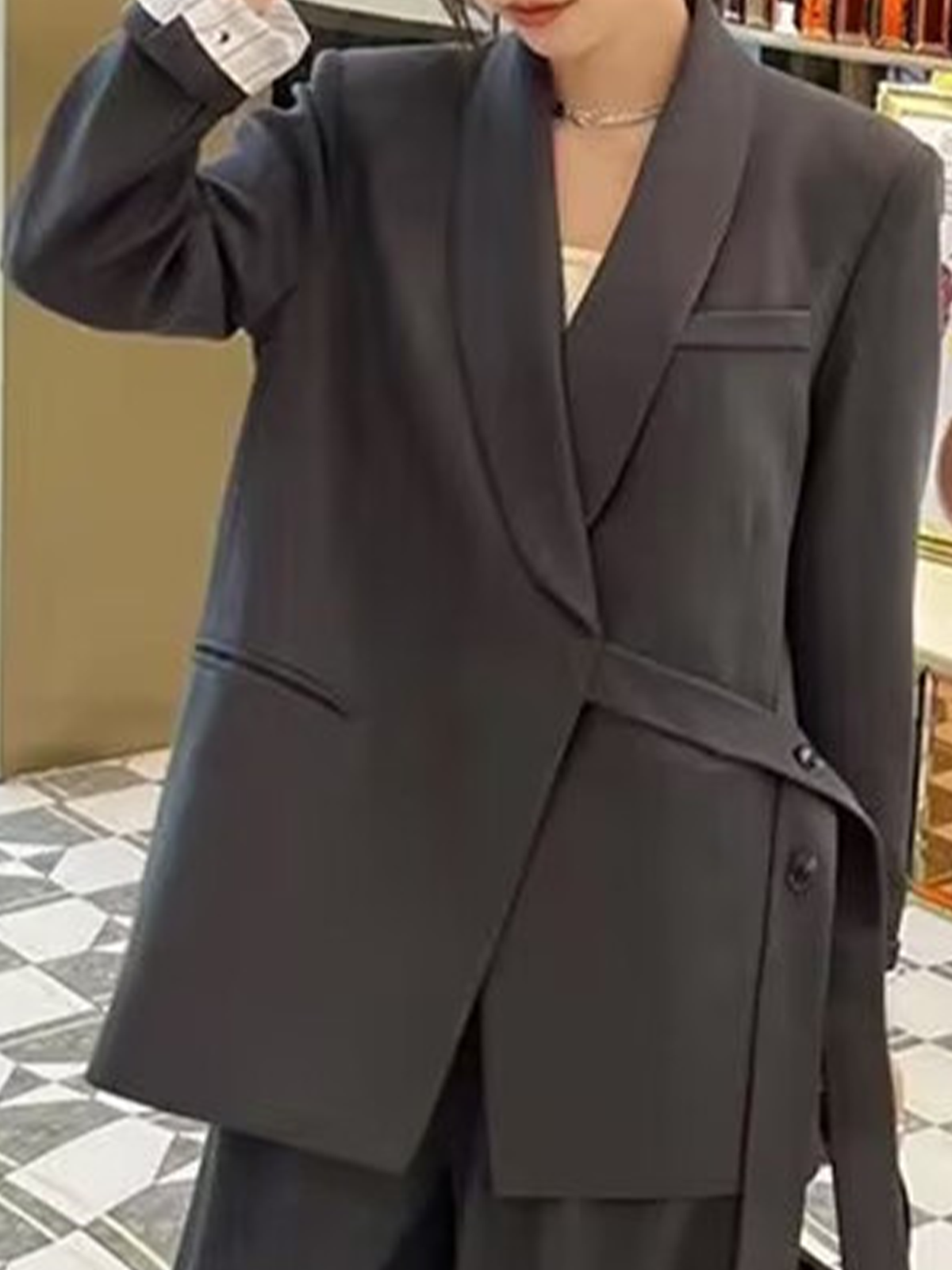 Cuello de Solapa Manga Larga Liso Con Cordones Regular Regular Ajuste Chaqueta para Mujeres