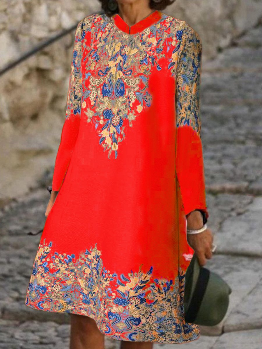 Casual Primavera / Otoño Vacaciones Midi Vestido Rojo Étnico