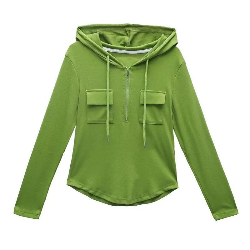 Encapuchado Manga Larga Liso Cremallera Regular Microelasticidad Flojo Camisa para Mujeres