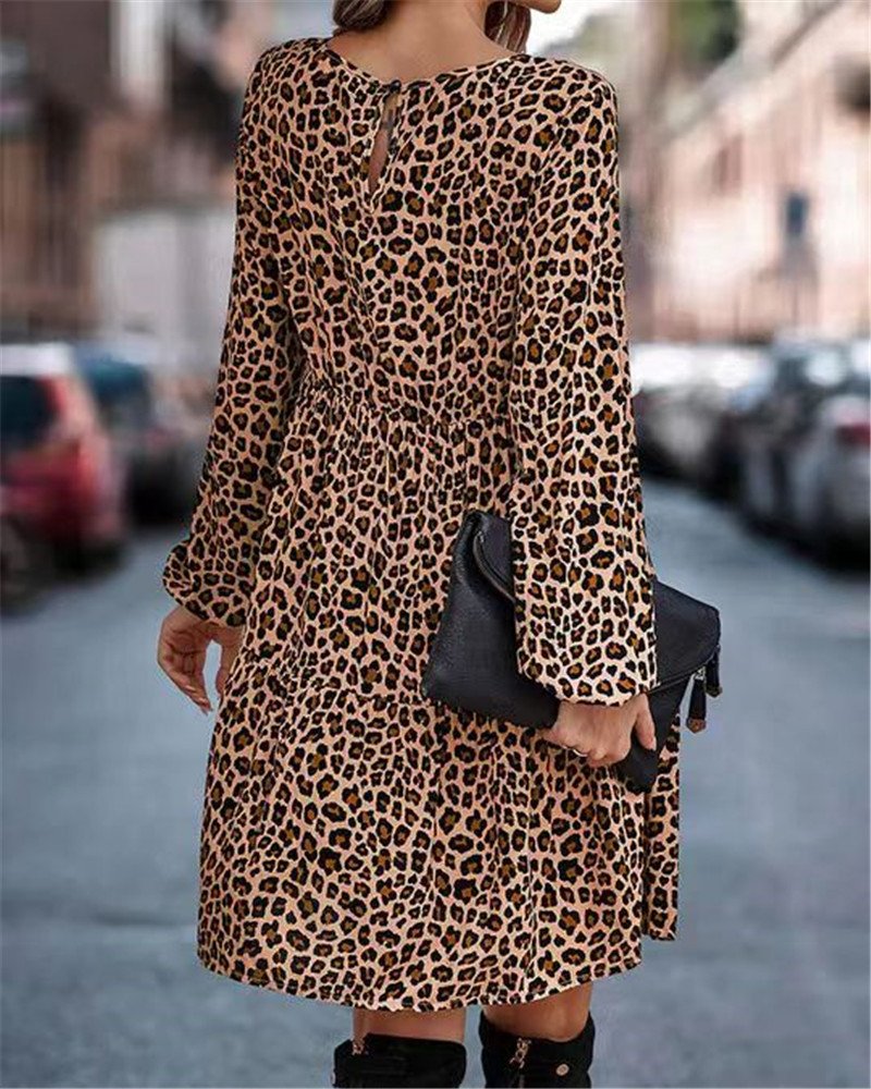 Casual Primavera / Otoño Diario Midi Vestido Leopardo Leopardo