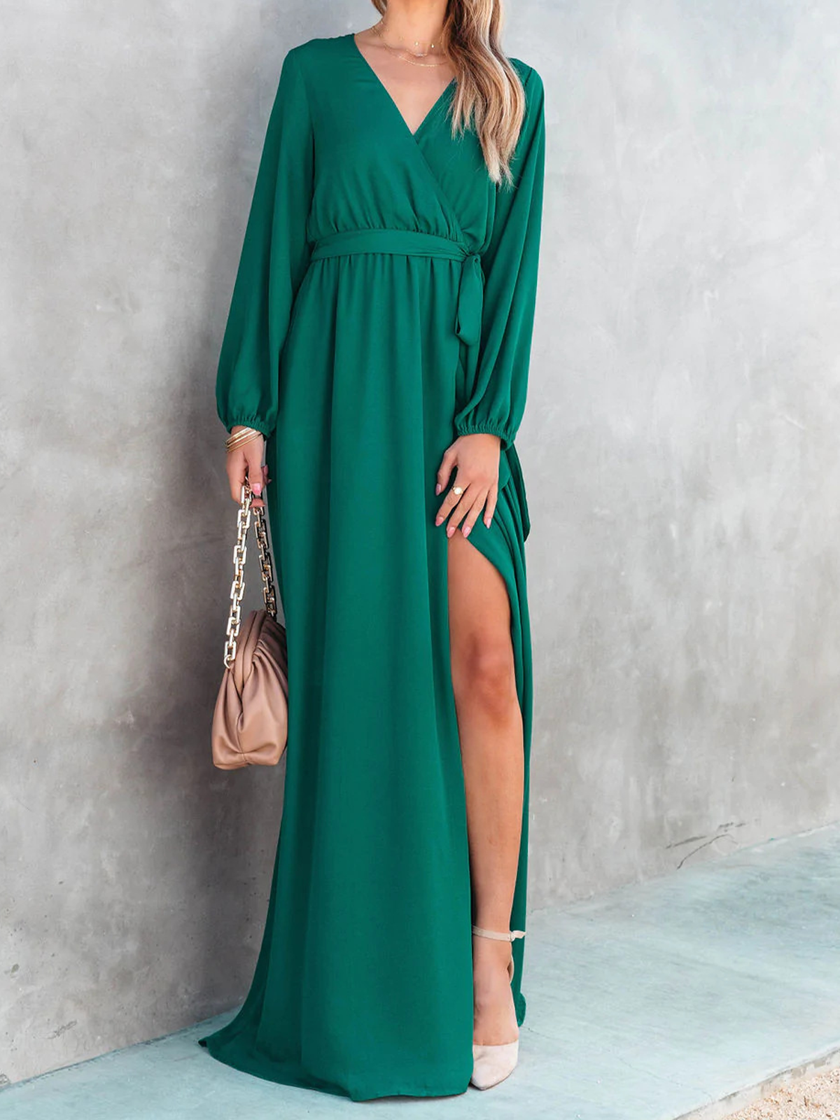 Casual Primavera / Otoño Vacaciones Maxi Vestido Verde Liso