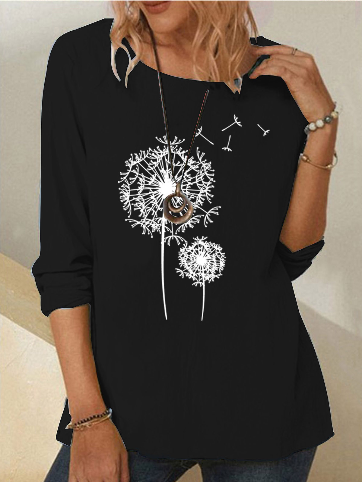 Escote Redondo Manga Larga Diente de león Peso Pesado Flojo Camisa para Mujeres