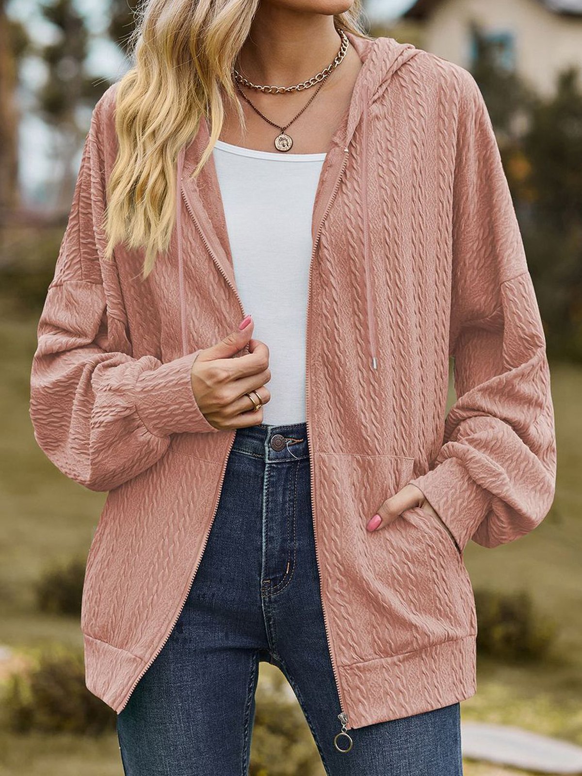 Capucha Manga Larga Liso Cremallera Regular Microelasticidad Flojo Chaqueta para Mujeres