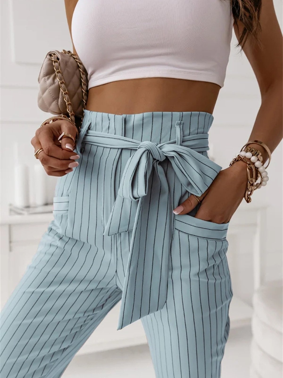 Casual Rayas Largo Banda Elástica Pantalón