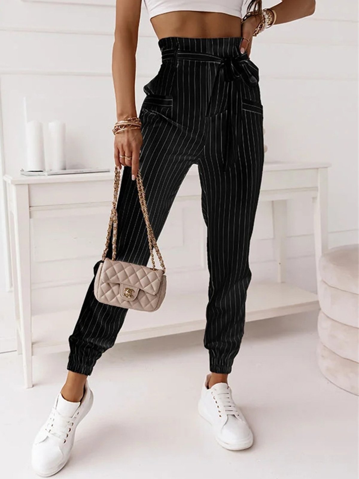 Casual Rayas Largo Banda Elástica Pantalón