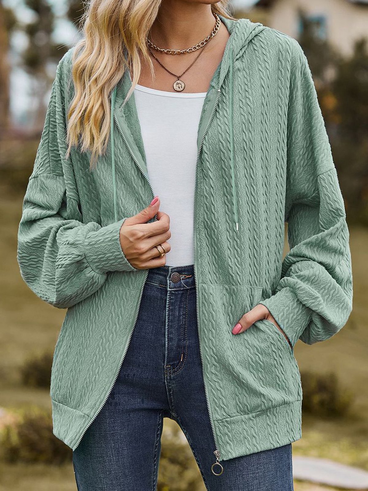 Capucha Manga Larga Liso Cremallera Regular Microelasticidad Flojo Chaqueta para Mujeres