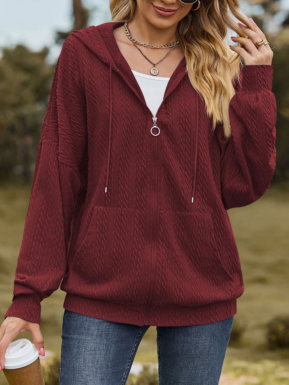 Capucha Manga Larga Liso Cremallera Regular Microelasticidad Flojo Chaqueta para Mujeres