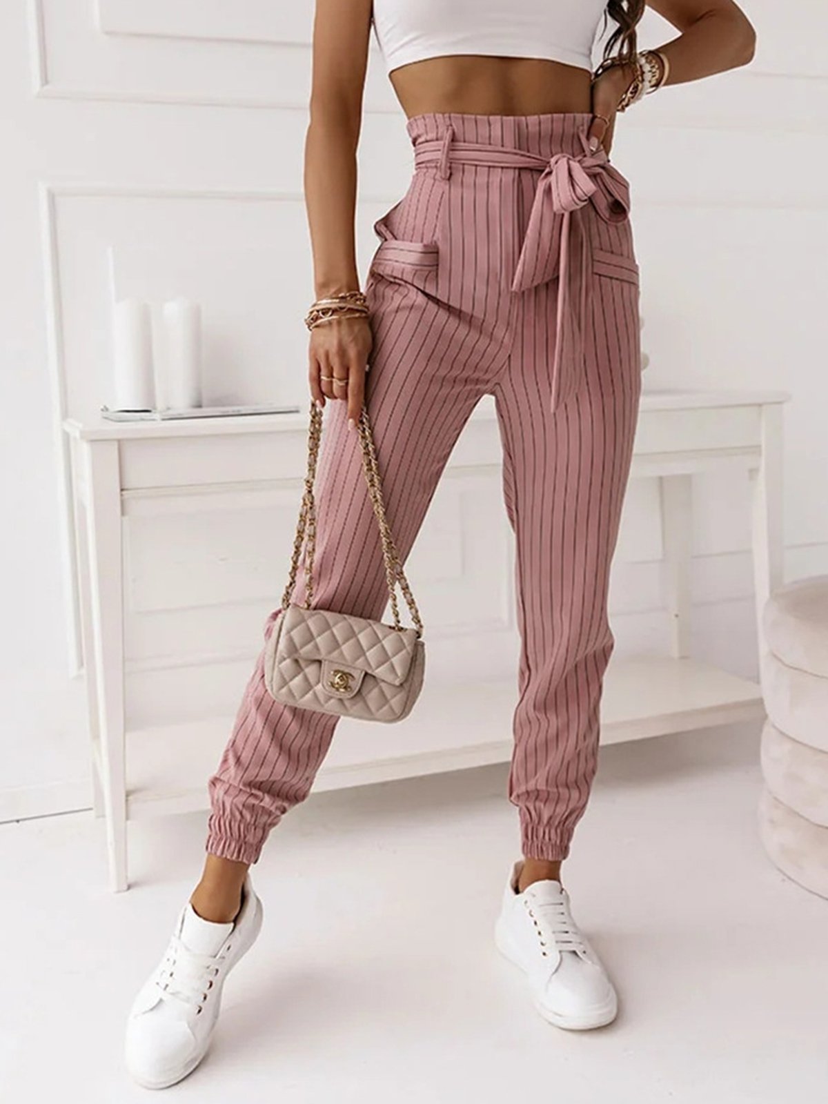 Casual Rayas Largo Banda Elástica Pantalón