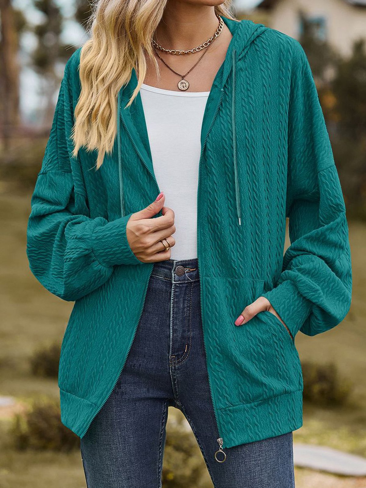 Capucha Manga Larga Liso Cremallera Regular Microelasticidad Flojo Chaqueta para Mujeres