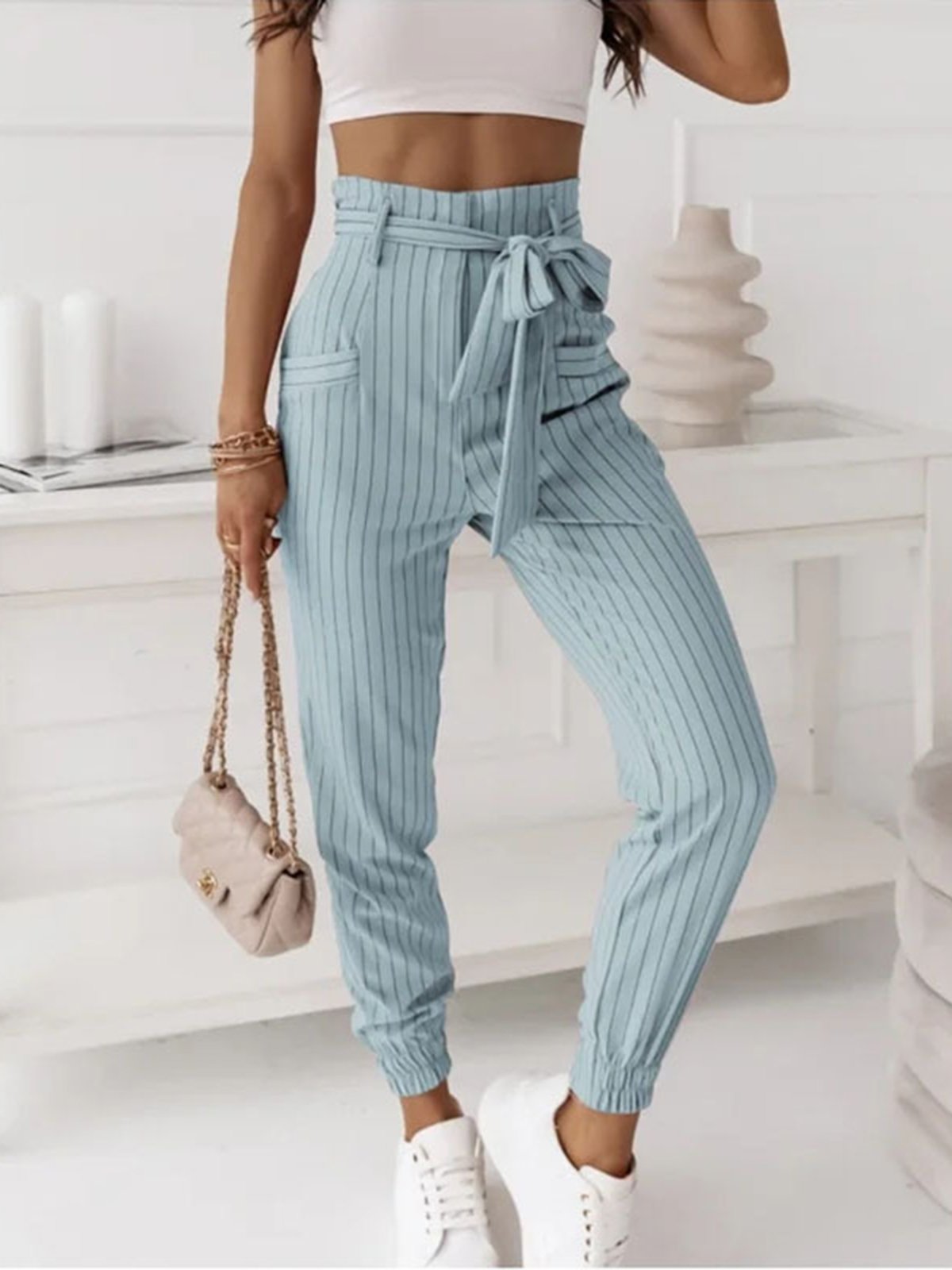 Casual Rayas Largo Banda Elástica Pantalón