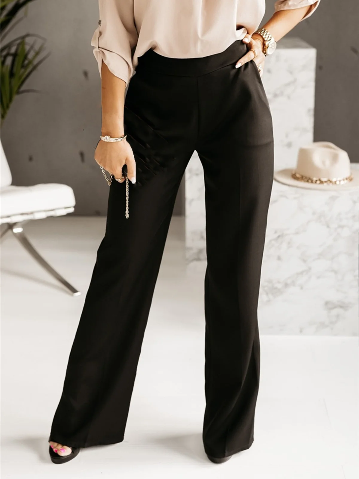 Casual Liso Largo Banda Elástica Pantalón
