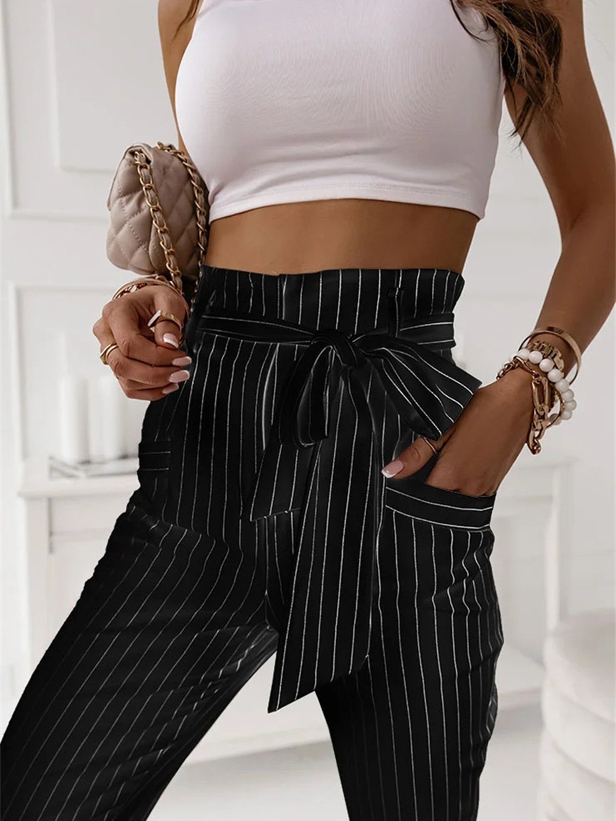 Casual Rayas Largo Banda Elástica Pantalón