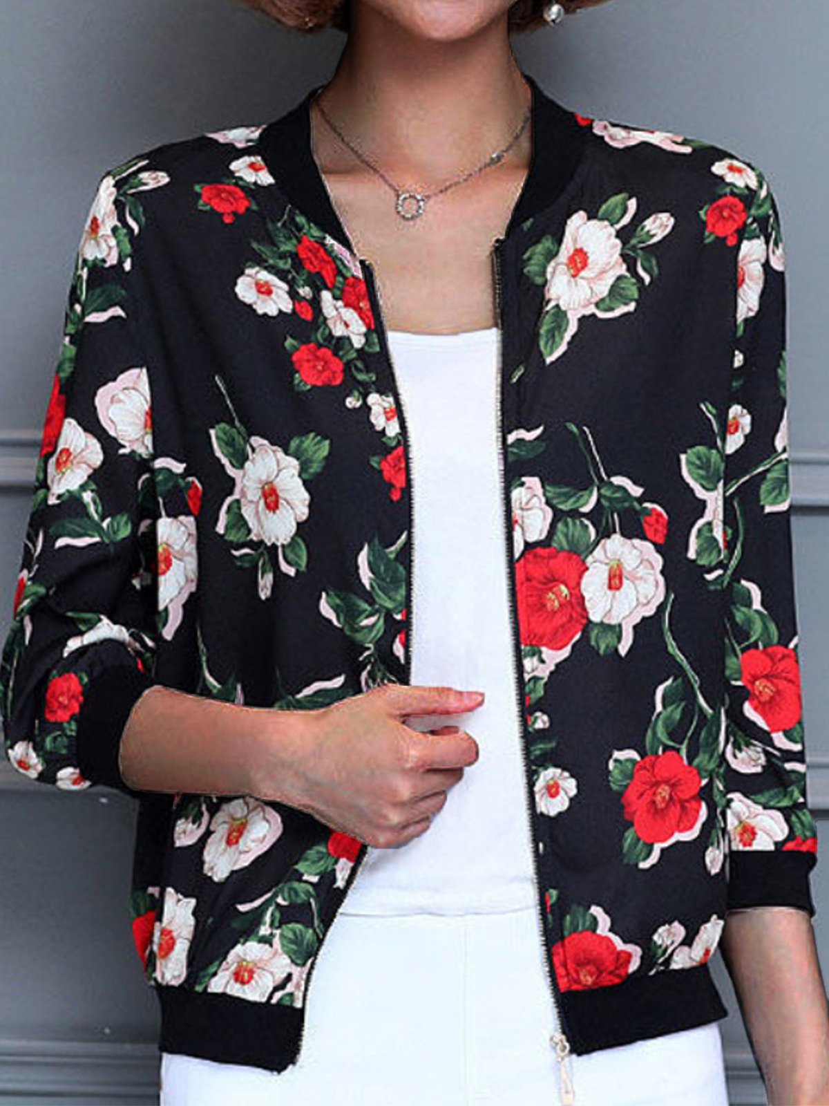 Manga Larga Floral Cremallera Regular Microelasticidad Flojo Chaqueta para Mujeres