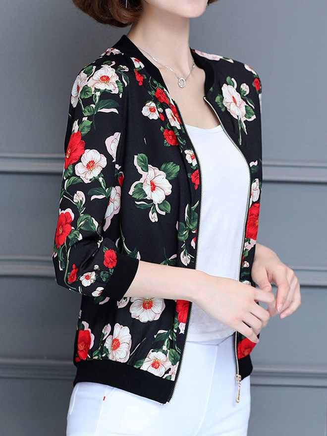 Manga Larga Floral Cremallera Regular Microelasticidad Flojo Chaqueta para Mujeres