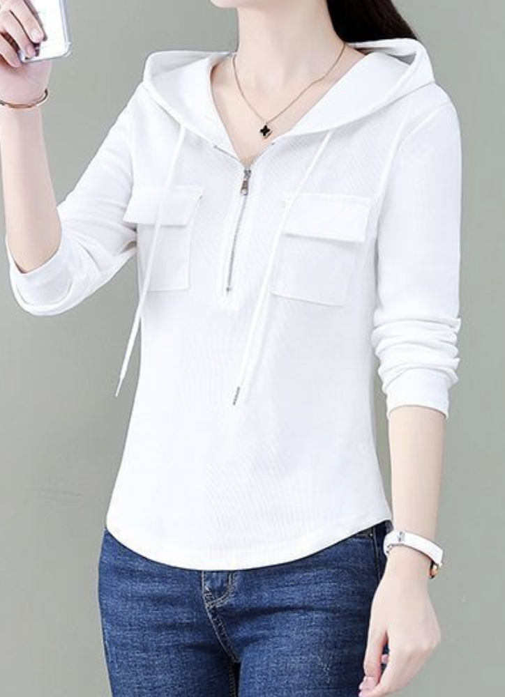 Encapuchado Manga Larga Liso Cremallera Regular Microelasticidad Flojo Camisa para Mujeres