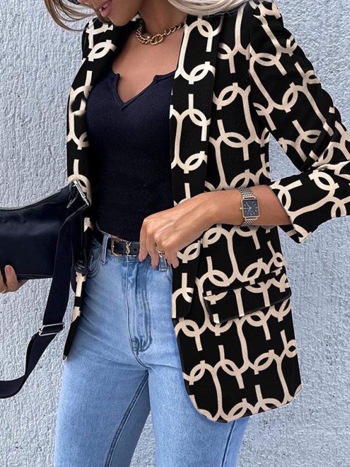 Manga Larga Geométrico Regular Flojo Chaqueta para Mujeres