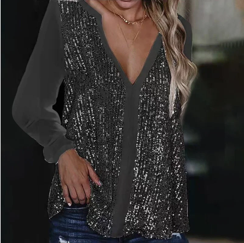 Cuello Pico Manga Larga Liso Brillo Regular Flojo Camisa para Mujeres