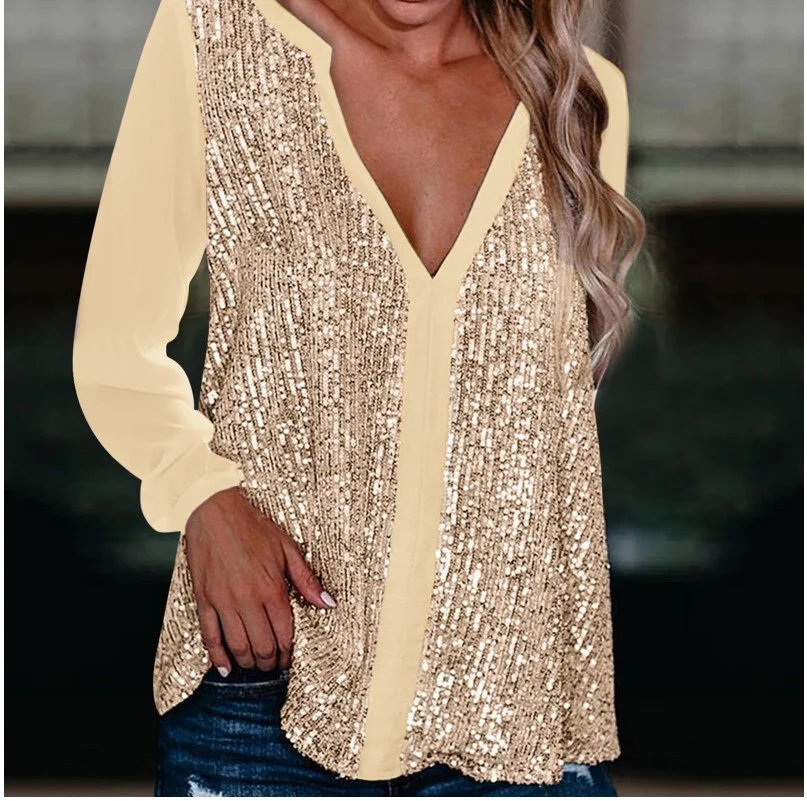 Cuello Pico Manga Larga Liso Brillo Regular Flojo Camisa para Mujeres