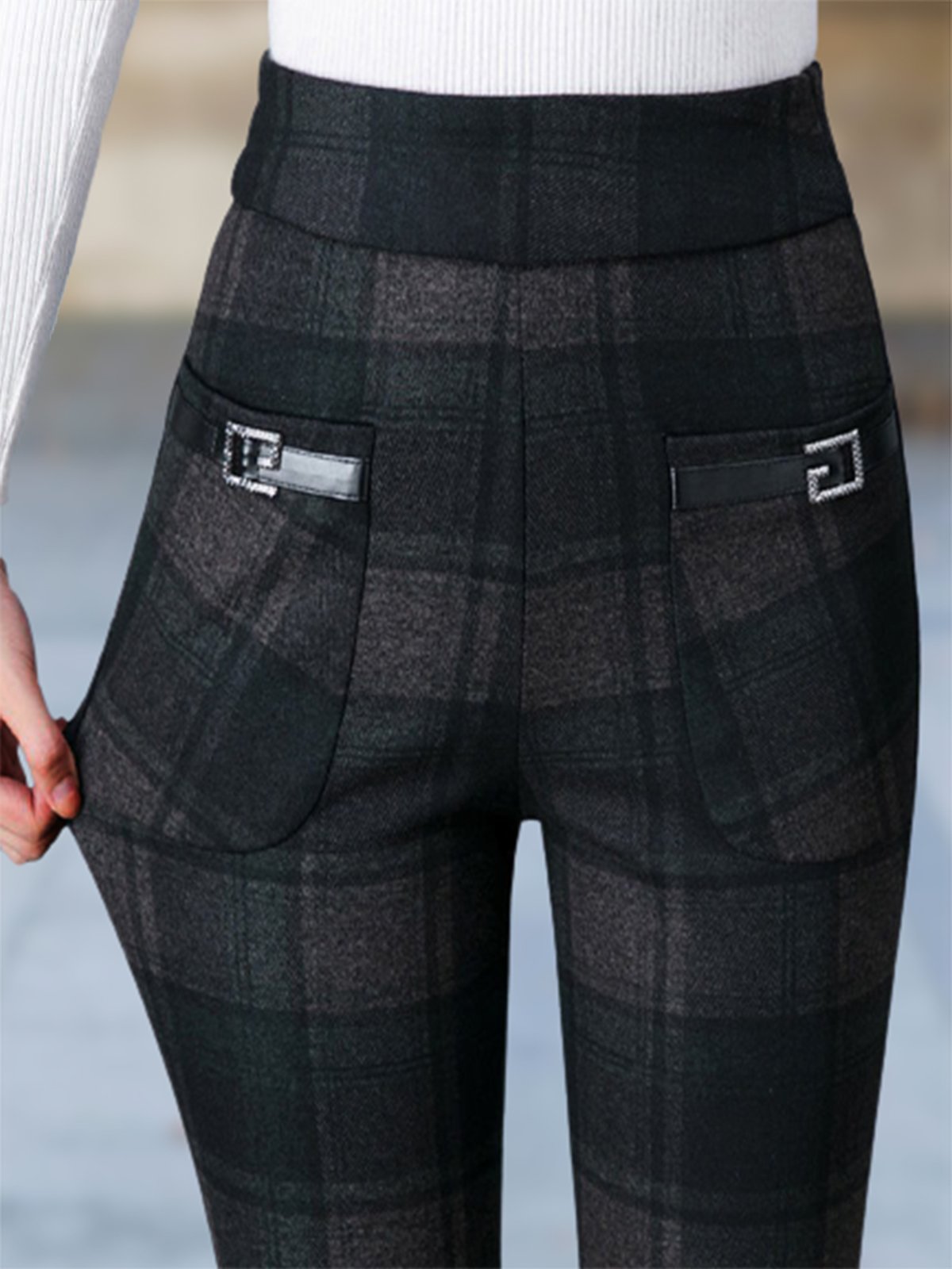 Casual Tartán Largo Hebilla Pantalón