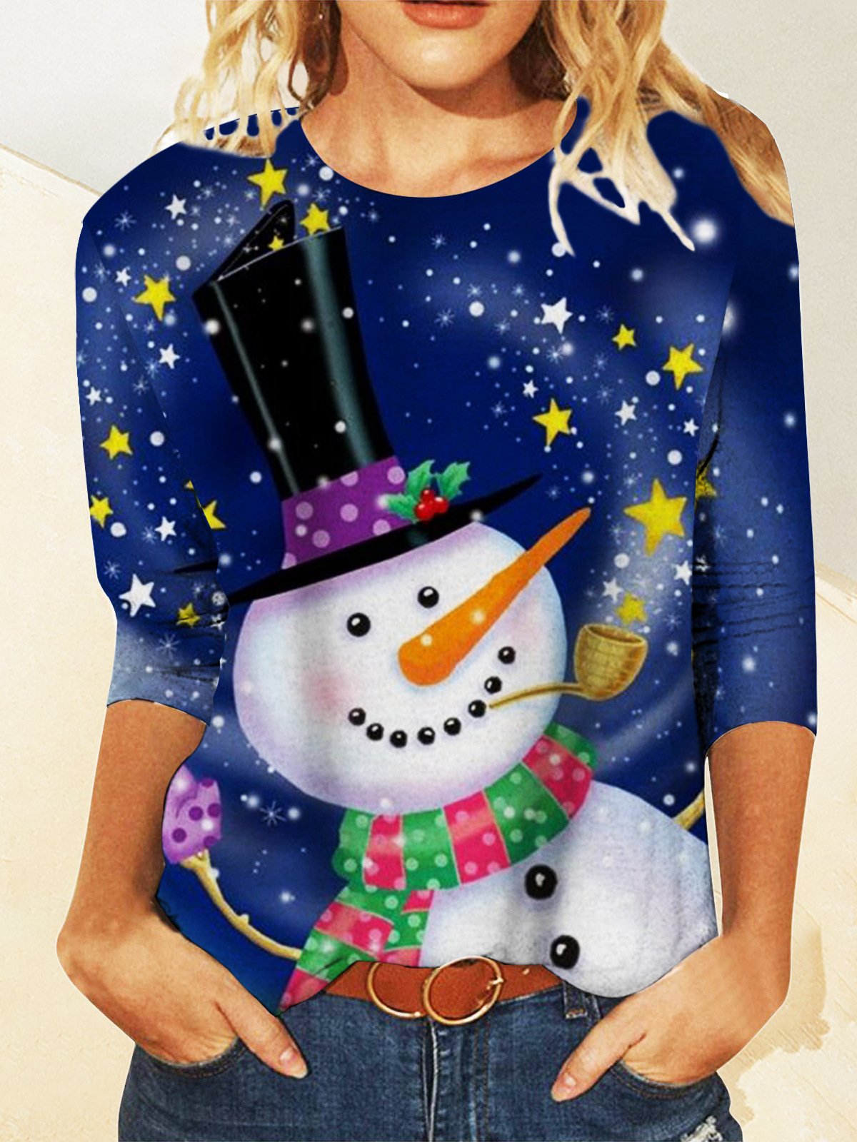 Casual Navidad Escote Redondo Manga Larga Camiseta
