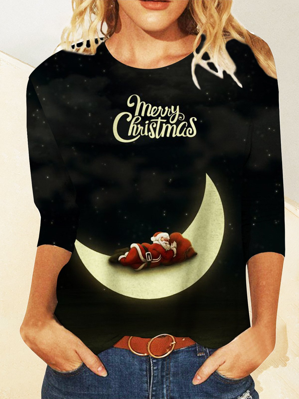 Casual Navidad Escote Redondo Manga Larga Camiseta