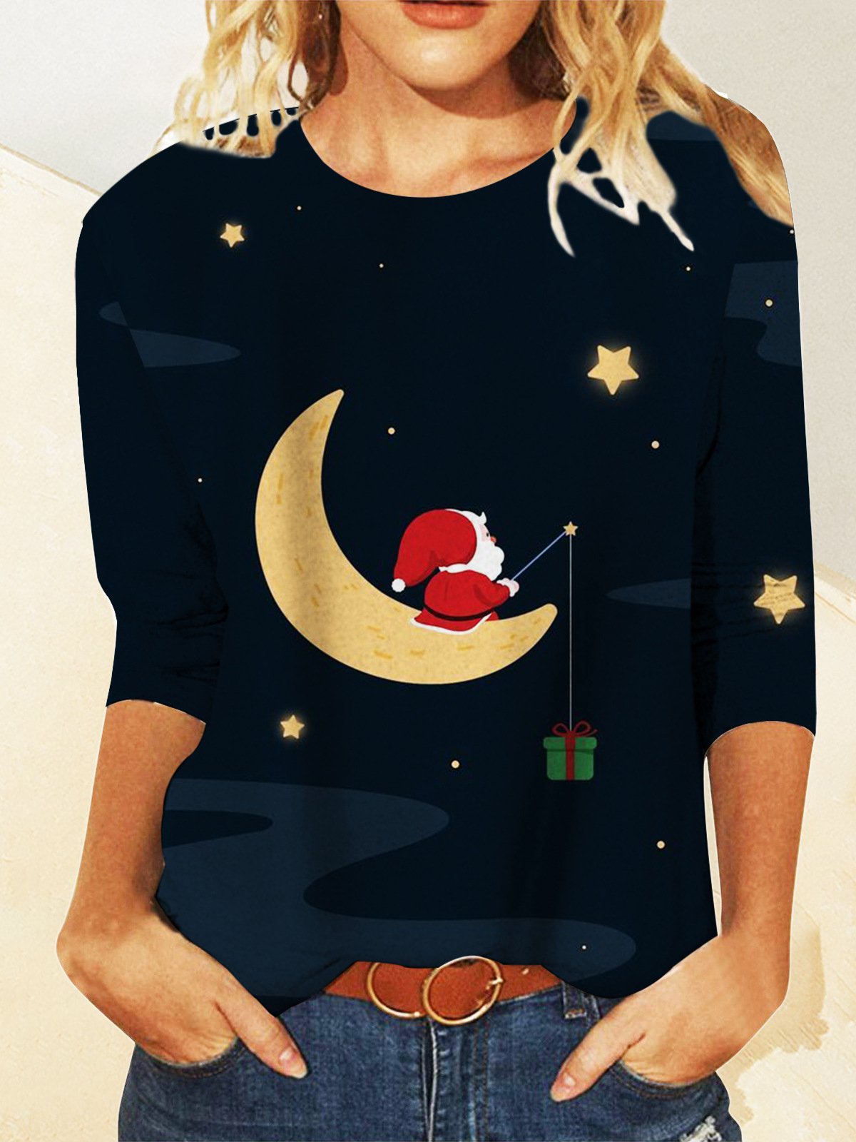 Casual Navidad Escote Redondo Manga Larga Camiseta