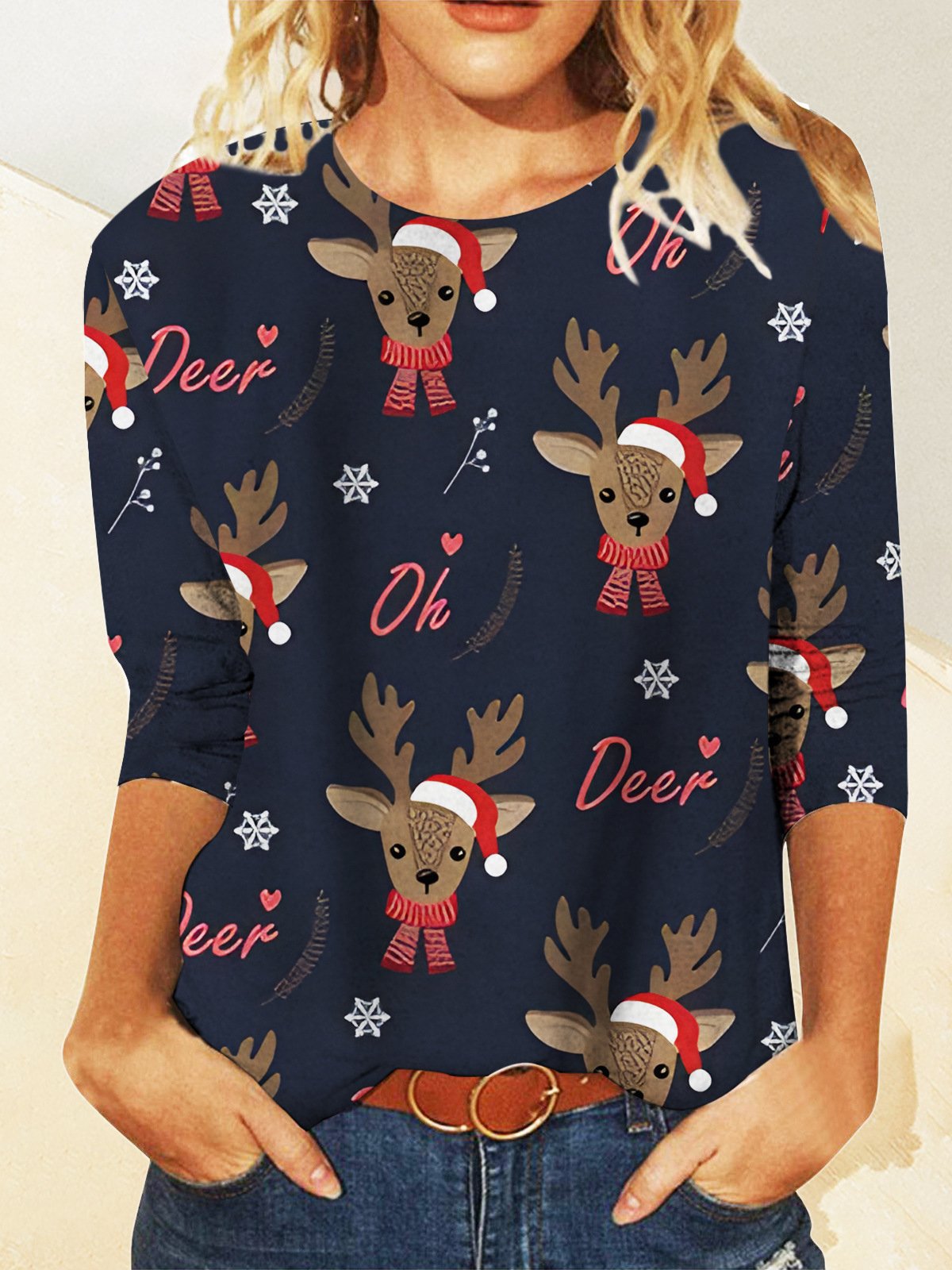 Casual Navidad Escote Redondo Manga Larga Camiseta