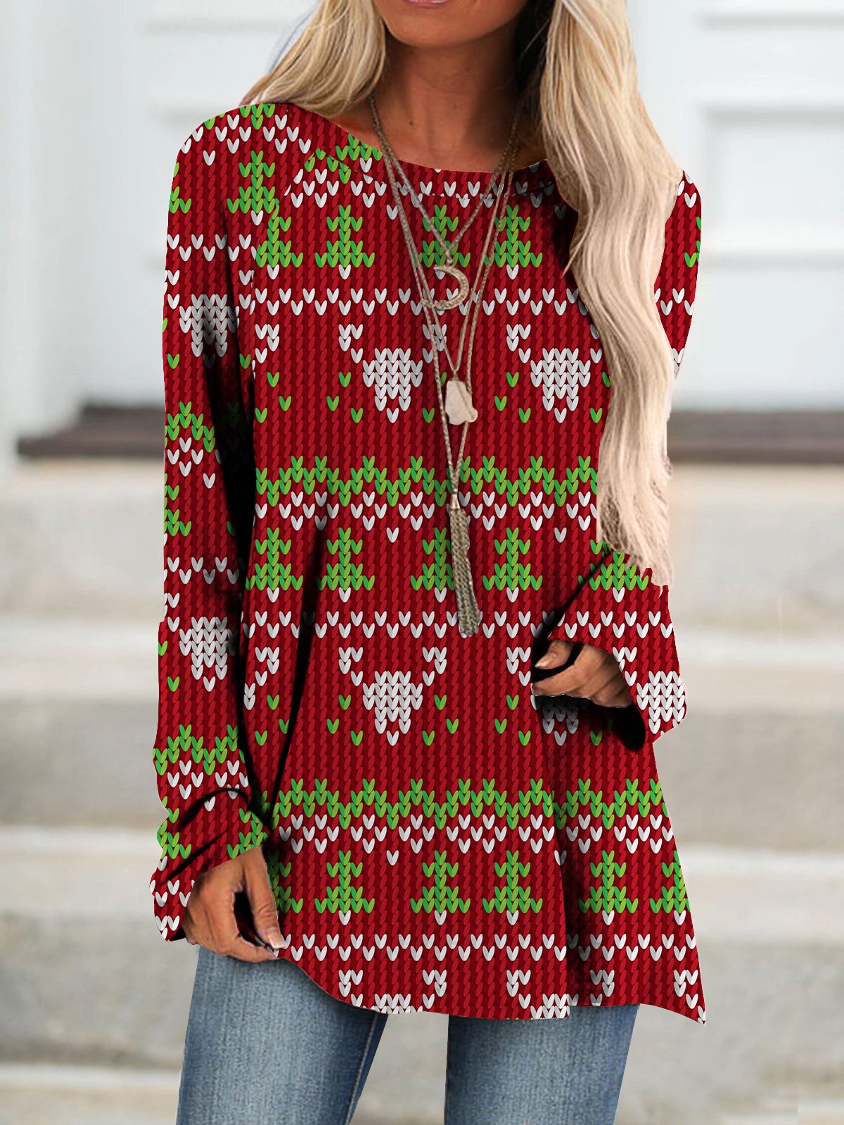 Casual Navidad Escote Redondo Manga Larga Camiseta
