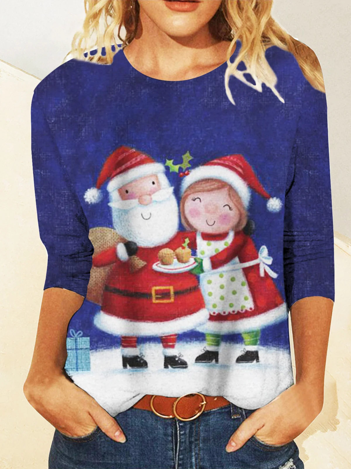 Casual Navidad Escote Redondo Manga Larga Camiseta