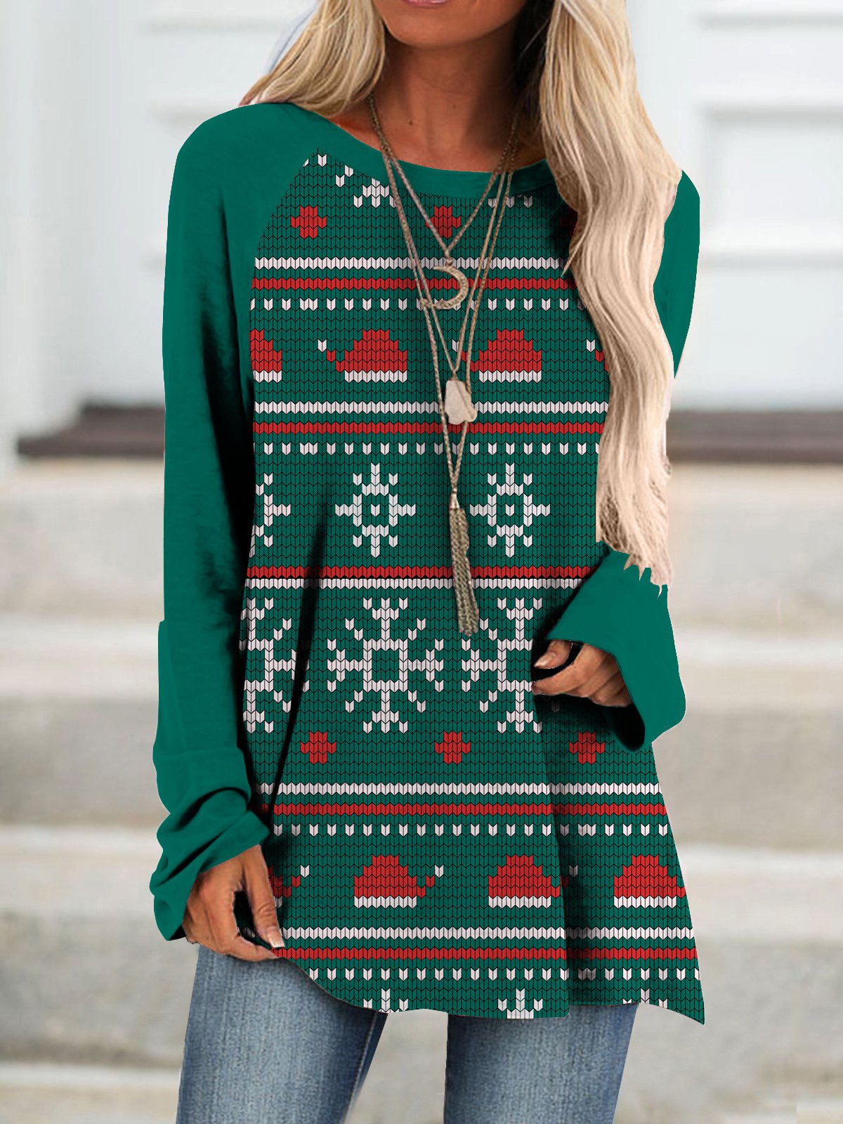 Casual Navidad Escote Redondo Manga Larga Camiseta