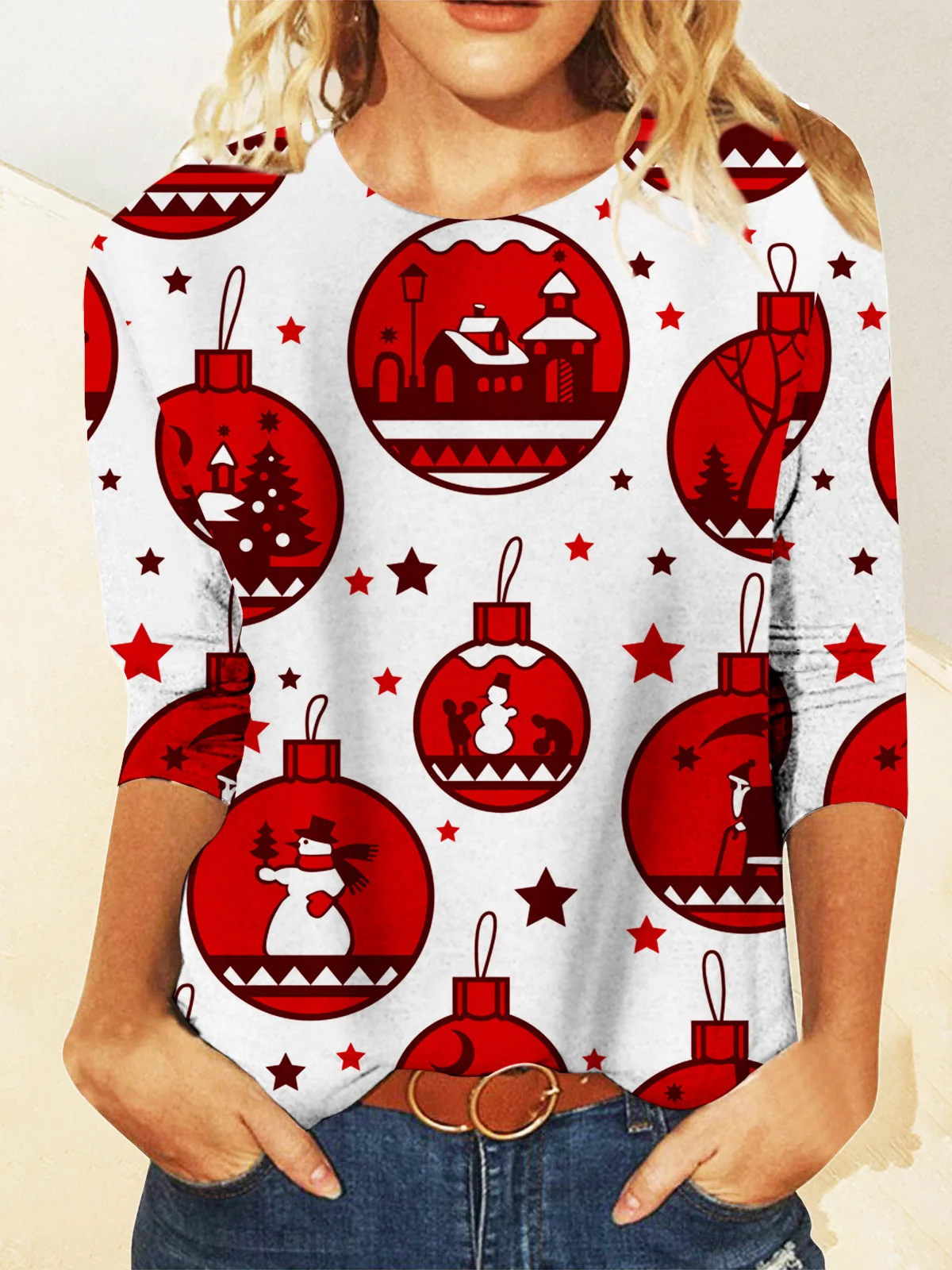 Casual Navidad Escote Redondo Manga Larga Camiseta