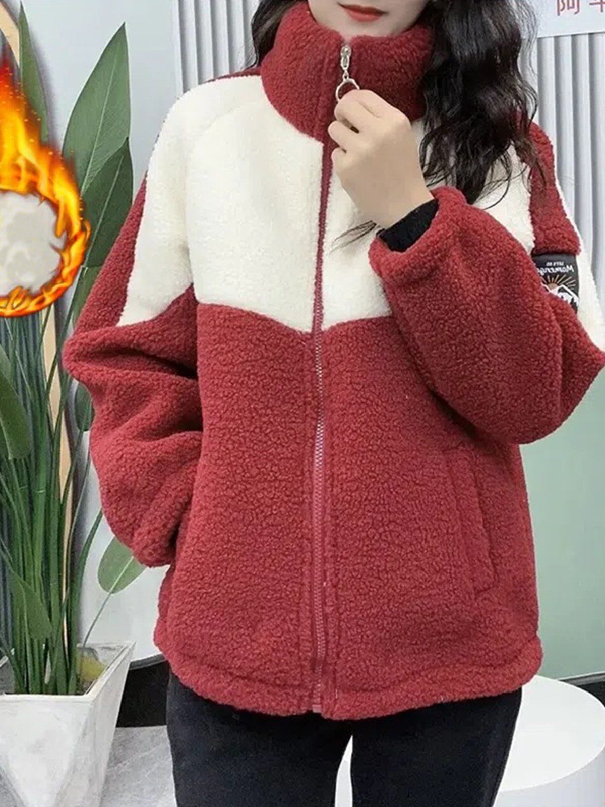 Cuello Subido Manga Larga Bloque de color Cremallera Lana Flojo osito de peluche Chaqueta para Mujeres