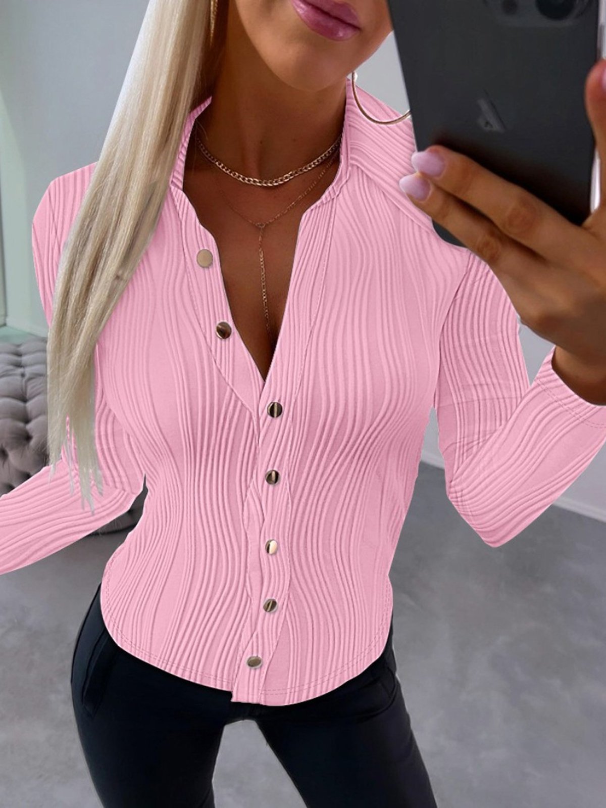 Cuello Subido Manga Larga Liso Regular Regular Ajuste Blusa para Mujeres