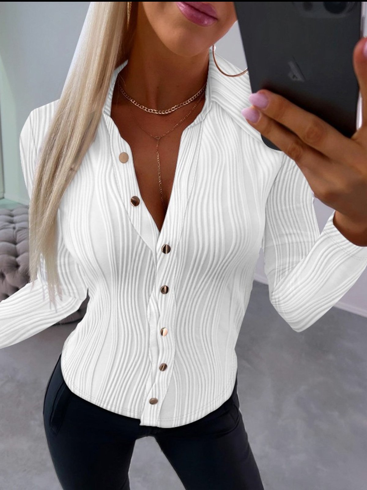 Cuello Subido Manga Larga Liso Regular Regular Ajuste Blusa para Mujeres