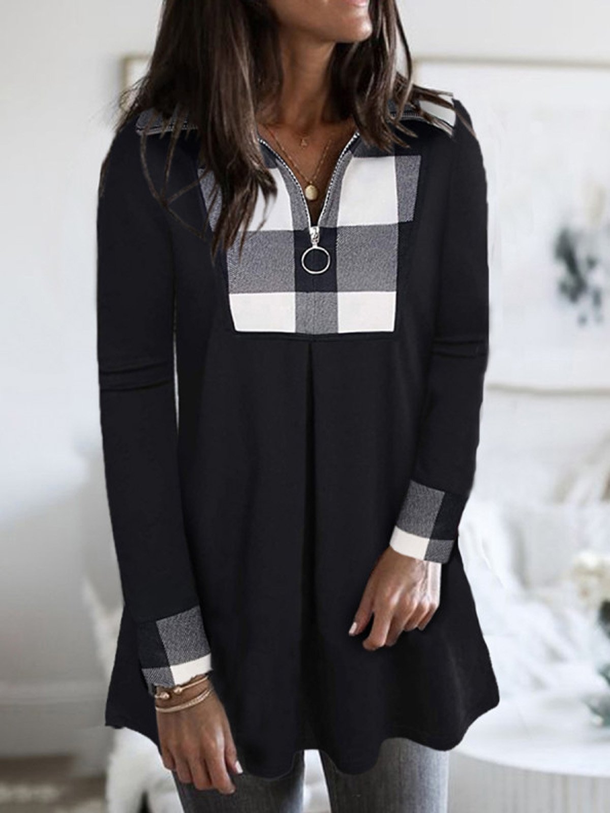 Manga Larga Tartán Cremallera Regular Microelasticidad Flojo Camisa para Mujeres