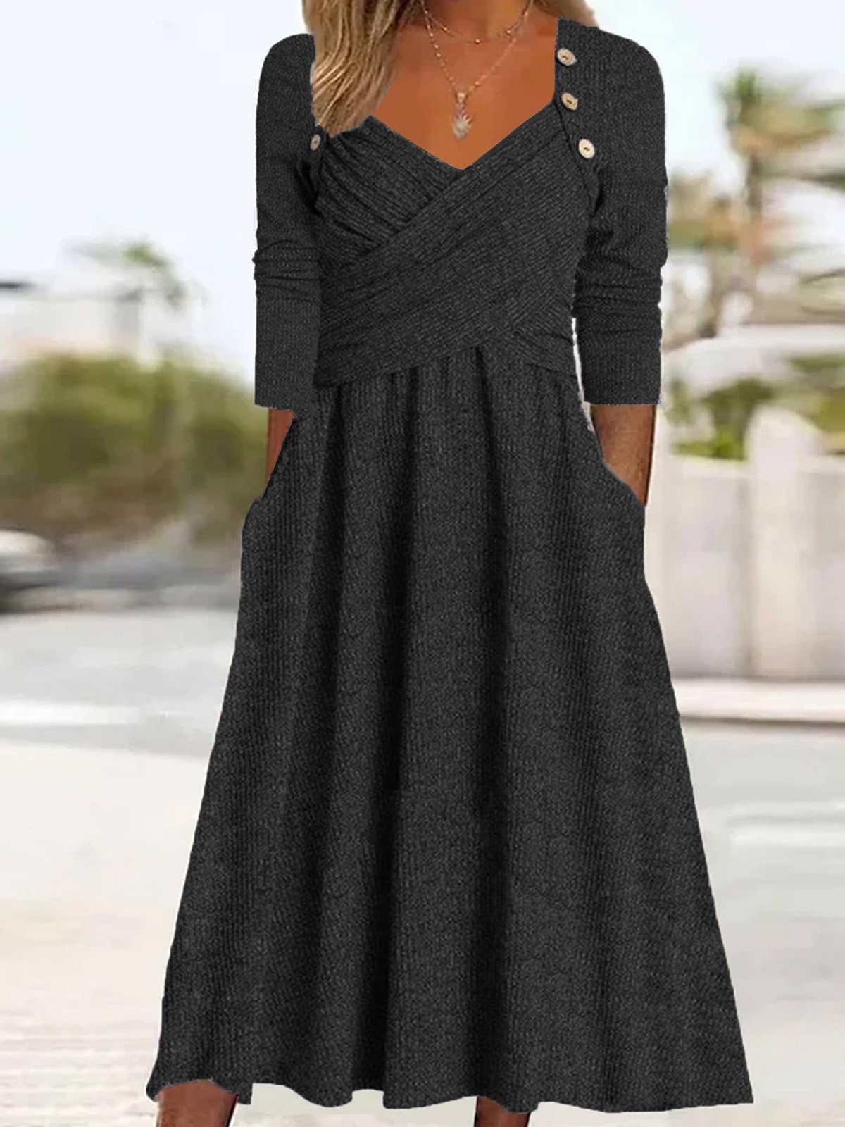 Casual Primavera / Otoño Diario Maxi Vestido Gris Hebilla Liso