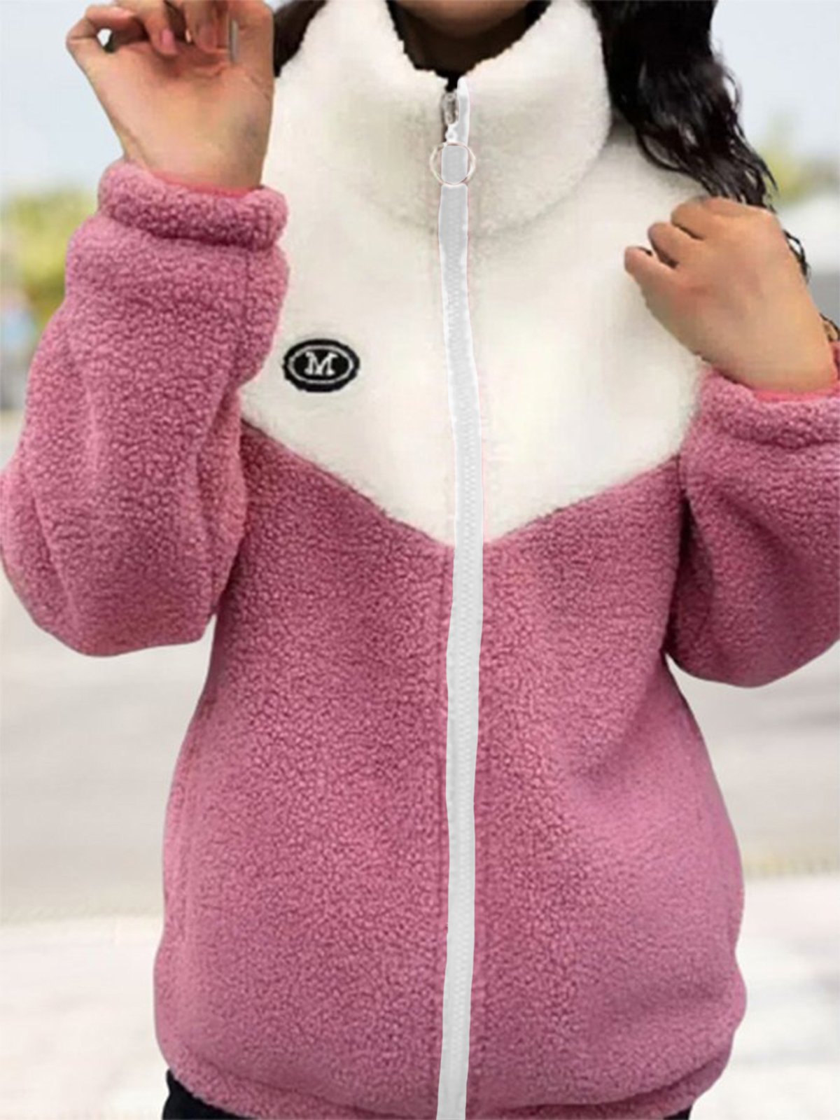 Con Cuello Alto Manga Larga Bloque de color Cremallera Lana Flojo osito de peluche Chaqueta para Mujeres