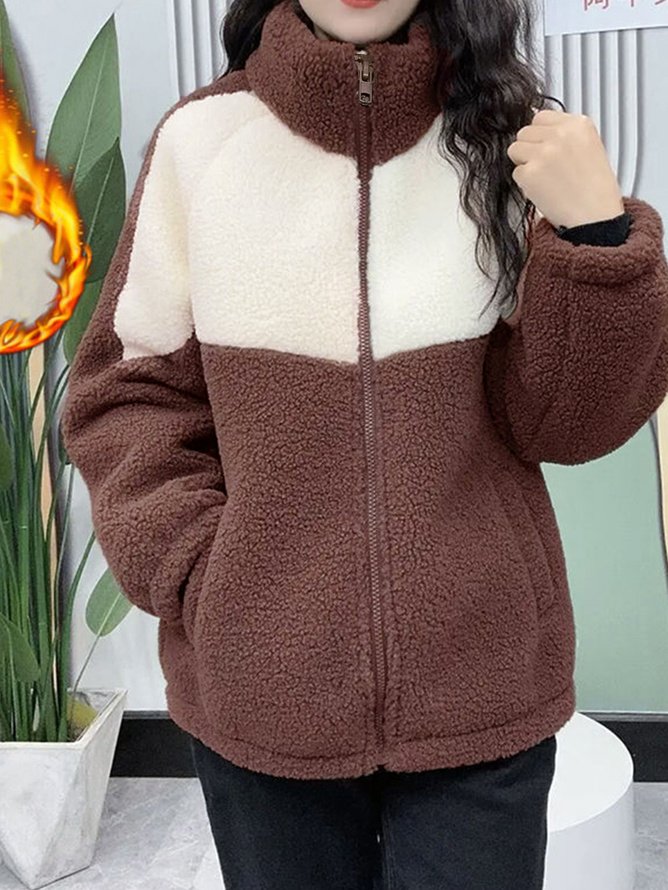 Cuello Subido Manga Larga Bloque de color Cremallera Lana Flojo osito de peluche Chaqueta para Mujeres