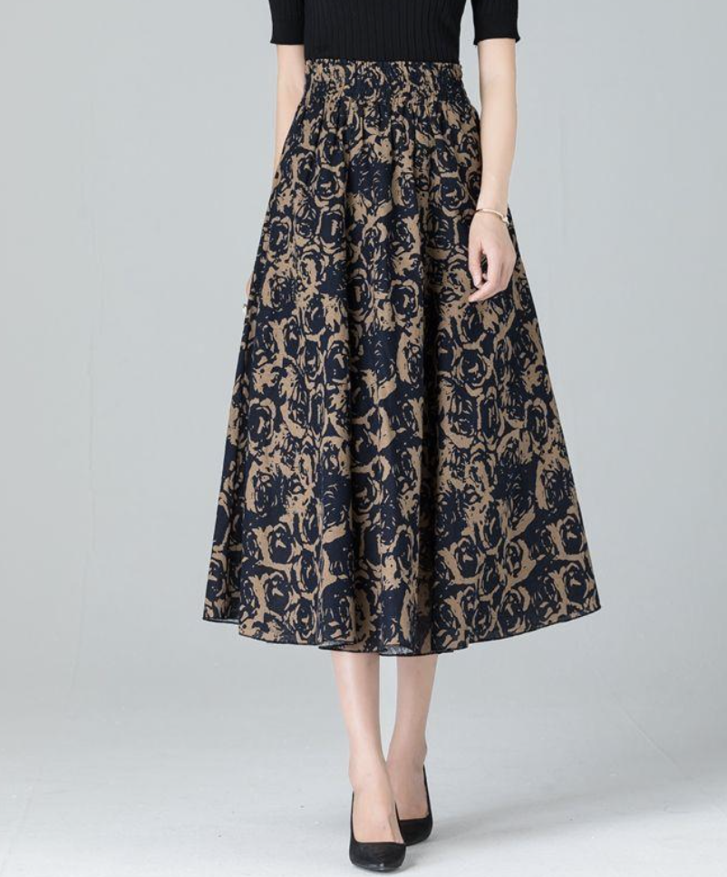 Retro Floral Patrón Línea A Cintura Alta Maxi Falda