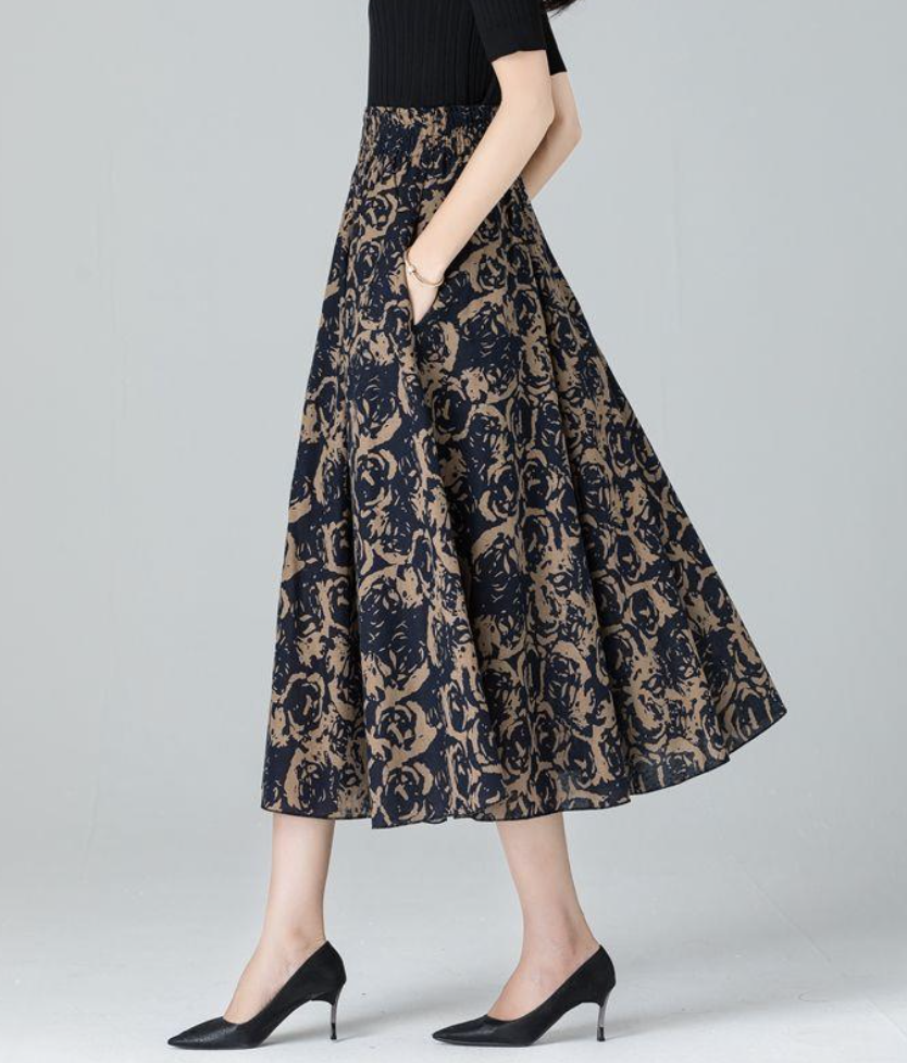 Retro Floral Patrón Línea A Cintura Alta Maxi Falda
