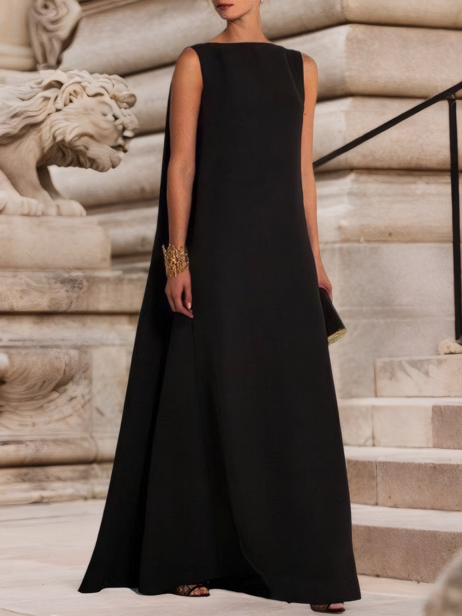 Fiesta Elegante Liso Negro Talla Grande Sin Mangas Vestido