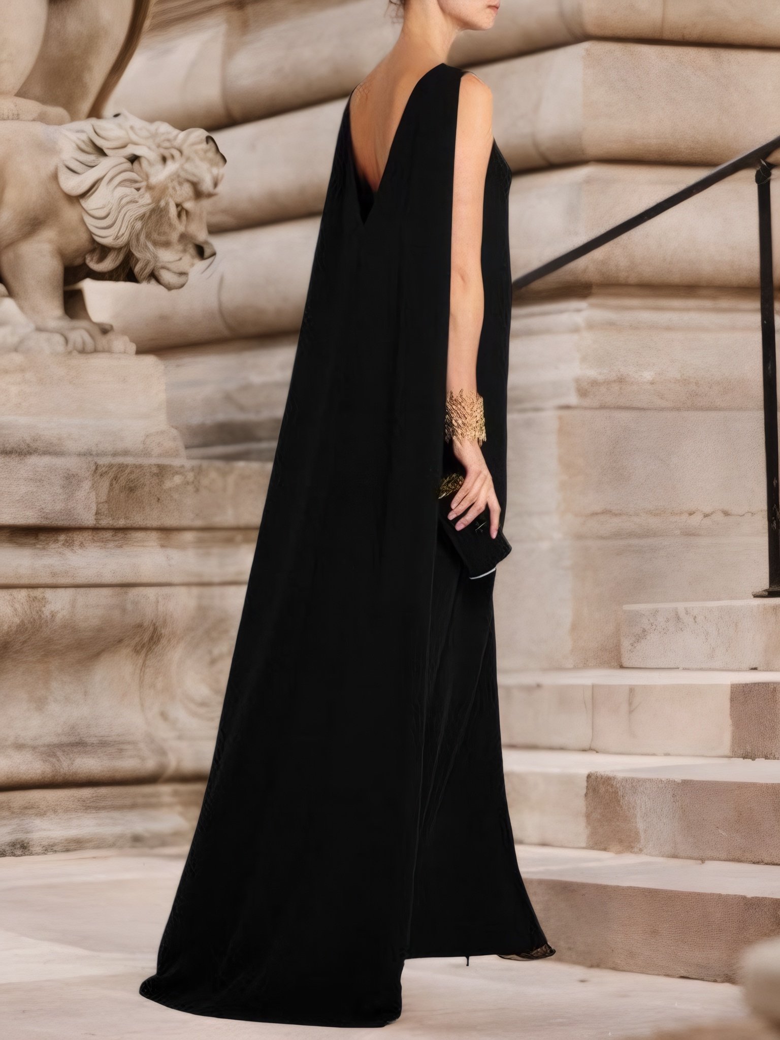 Fiesta Elegante Liso Negro Talla Grande Sin Mangas Vestido